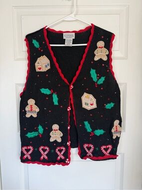Basic Editions Black Gingerbread & Holly Holiday Vest